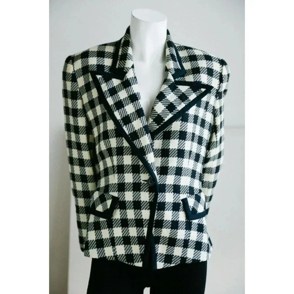 Vintage Wool Black White PlAid Notched Collar Fitted Cropped Chic Blazer M